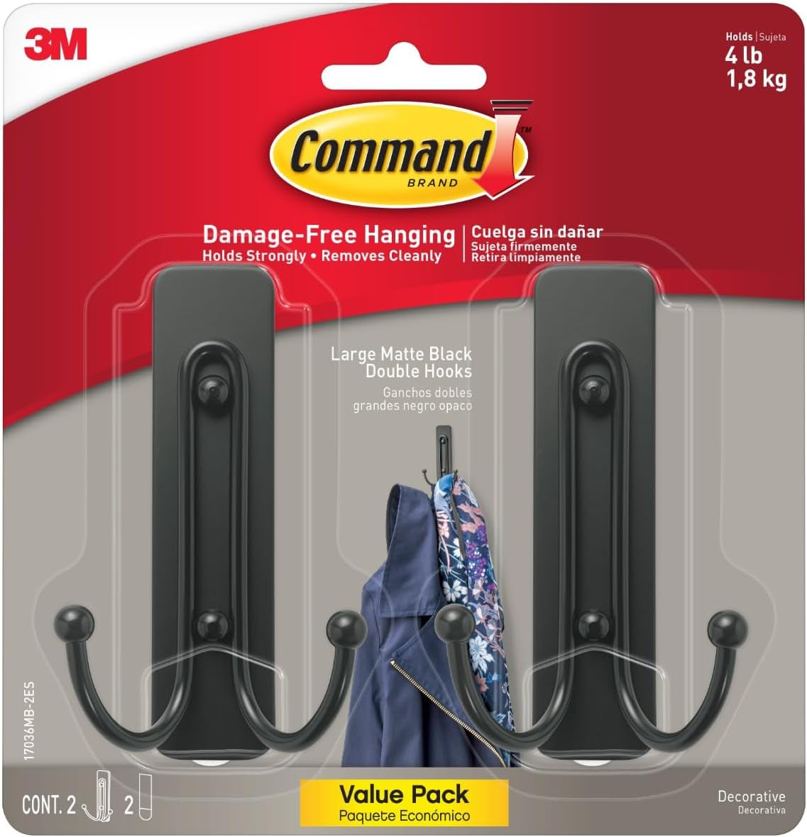 Large Matte Black Double Hooks, 2 Hooks and 2  Strips, Damage Free Hanging Wall Hooks with Adhesive Strips, No Tools Coat Hooks for Hanging Home Decor, Holds up to 4 Lb