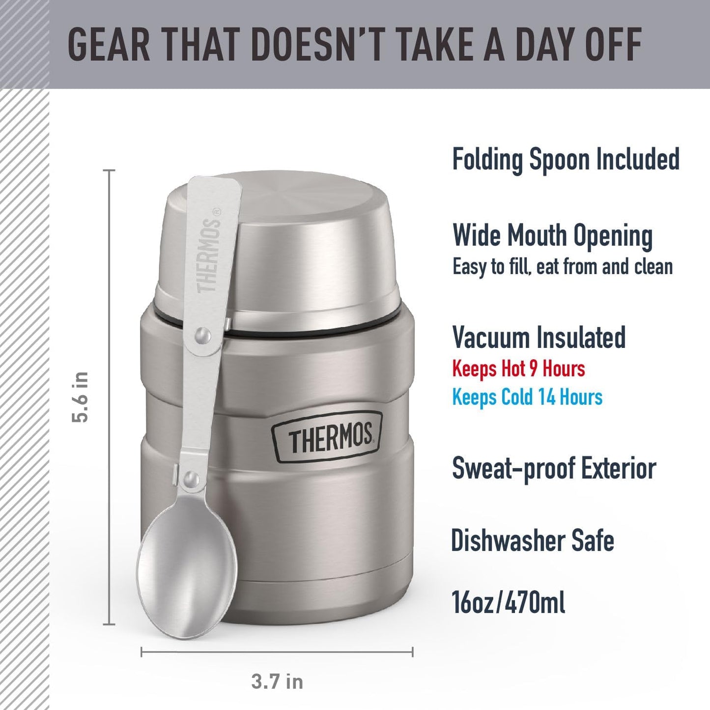 Stainless King Vacuum-Insulated Food Jar with Spoon, 16 Ounce, Matte Stainless Steel